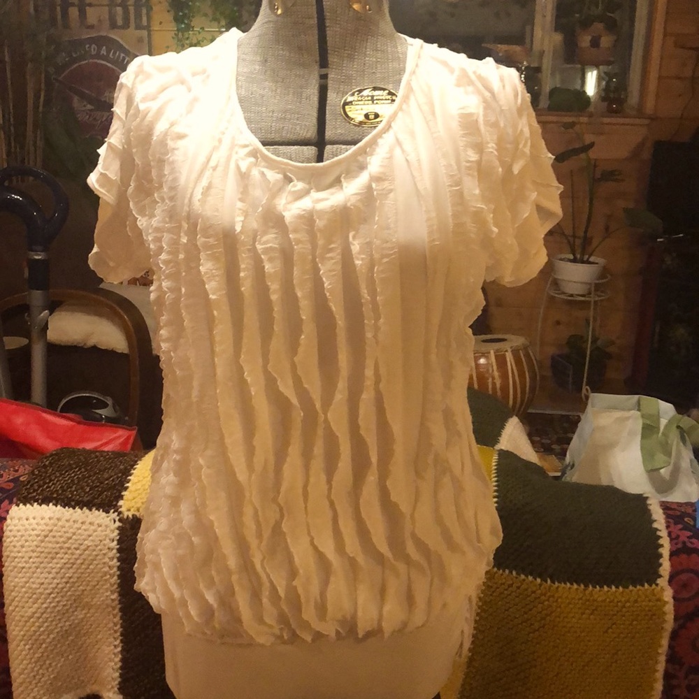 Ladies white ruffle blouse from Andrea size medium